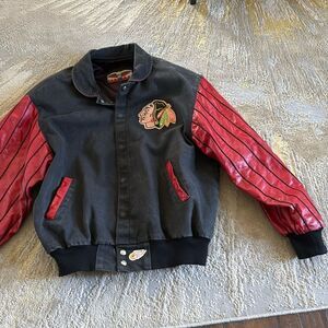 VTG Jeff Hamilton Blackhawks bomber jacket red leather striped sleeves size XL